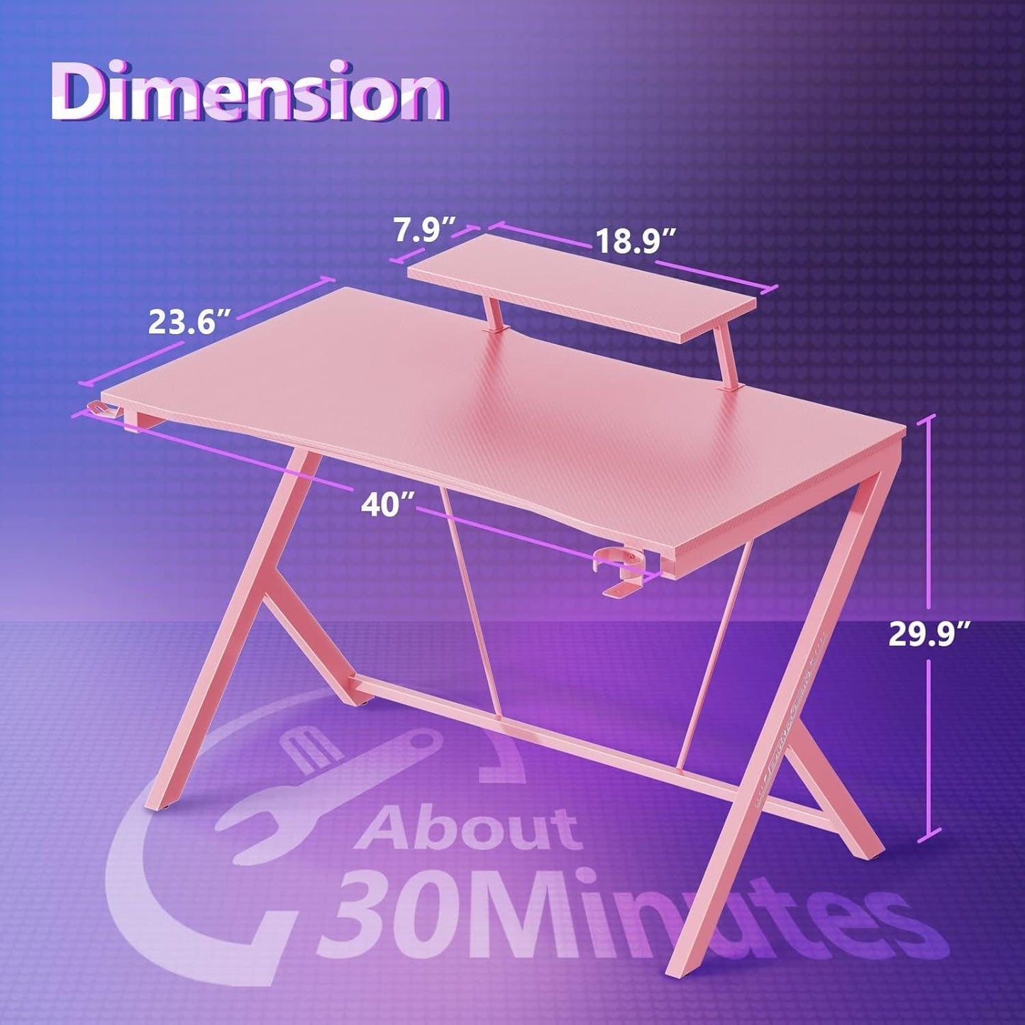 Pink Gaming Desk 40Inch with Monitor Shelf Computer Desk Gaming Table Desk for Girls with Cup Holder and Headphone Hook Gamer Workstation Game Table, Gift for Girls Women - Fly It Try It