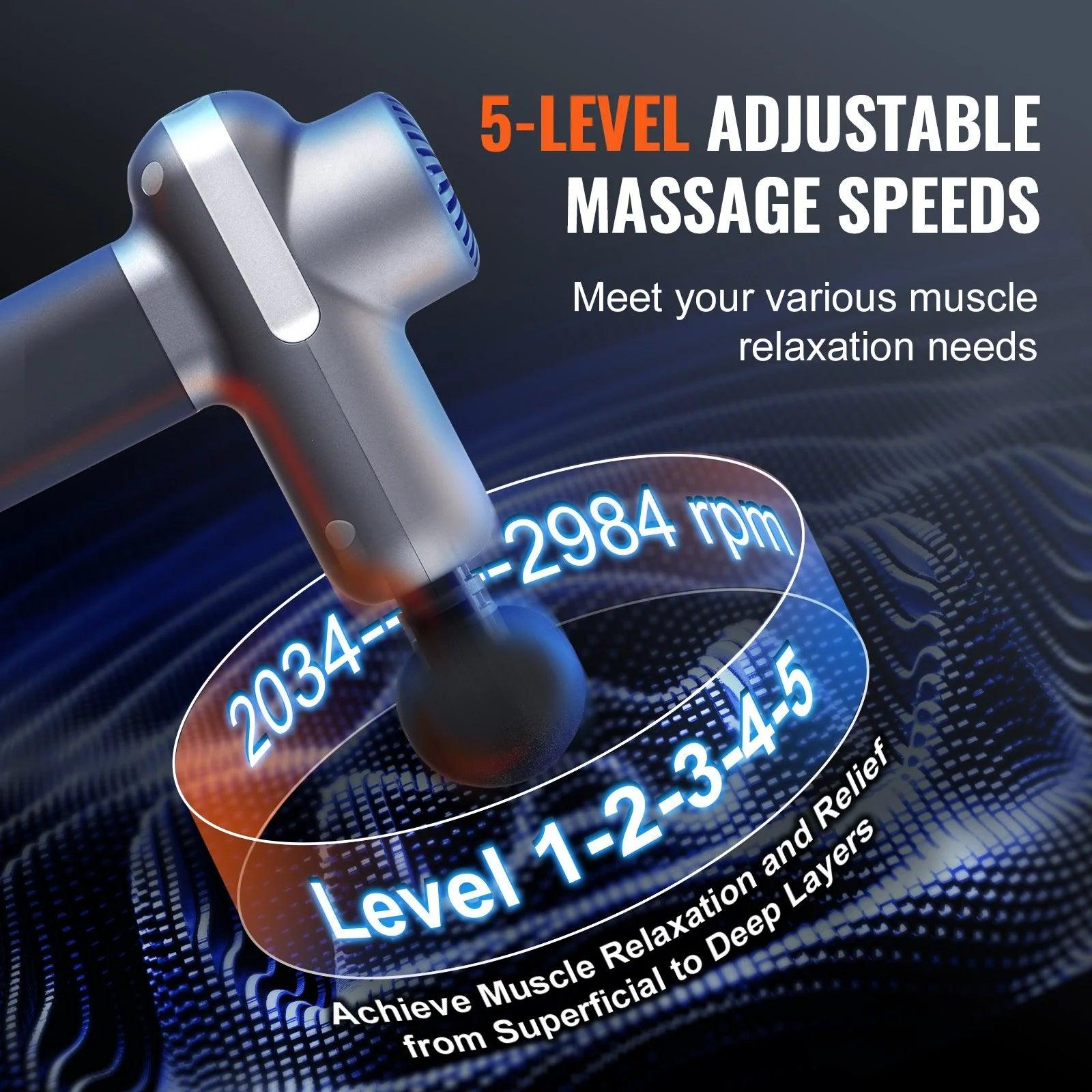 VEVOR Massage Gun Deep Tissue, Percussion Muscle Massager for Athletes - with 5 Speed Levels & 6 Massage Heads, 7.4V 2500Mah Batteries, Handheld Electric Massage Gun for Pain Relief, Muscle Relaxation - Fly It Try It