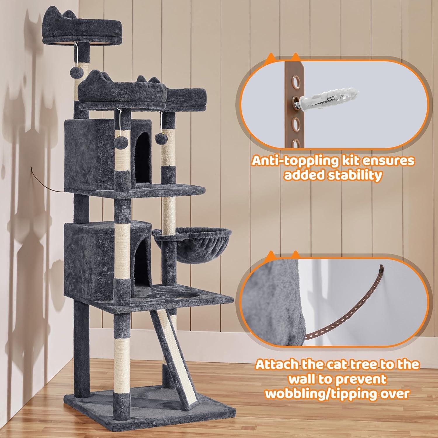 68.5In Cat Tree Multi-Level Cat Tower with Large Cat Condo＆Cozy Perches Stable Pet Play House W/Sisal-Covered Scratching Posts＆Board for Indoor Cats, Dark Gray - Fly It Try It