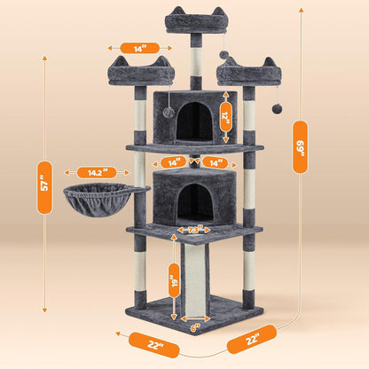 68.5In Cat Tree Multi-Level Cat Tower with Large Cat Condo＆Cozy Perches Stable Pet Play House W/Sisal-Covered Scratching Posts＆Board for Indoor Cats, Dark Gray - Fly It Try It