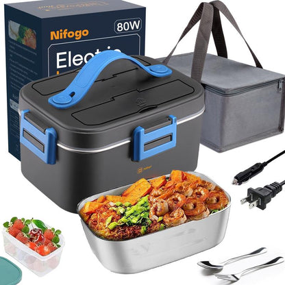 Electric Lunch Box Portable Food Warmer for Adults, 80W Food Warmer Lunch Box 1.5&1.8L Stainless Steel Containers & Bags 12V/24V/110V Stainless Steel Containers, Forks, Spoons & Bags for Car/Truck/Work/Outdoor Use