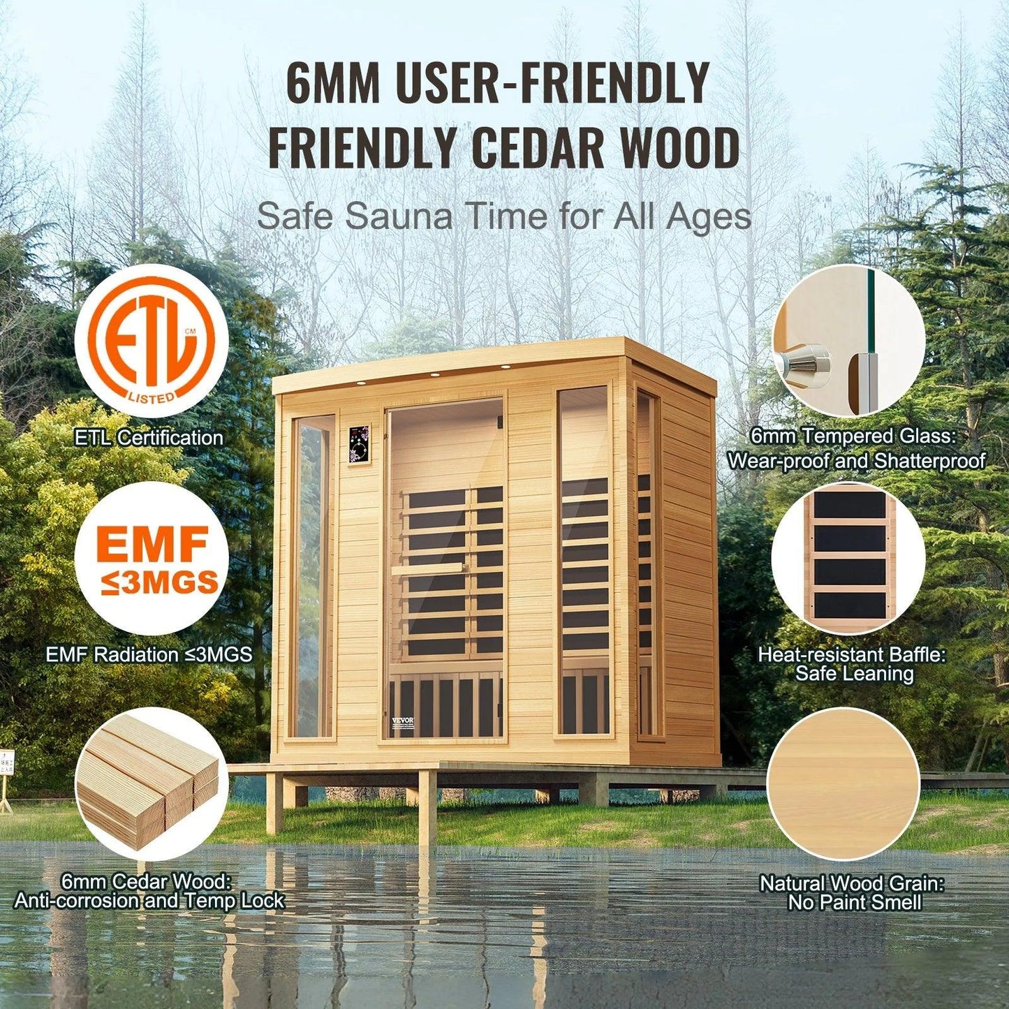 VEVOR Far Infrared Wooden Sauna Room Home Sauna Spa for 3 to 4 Person 2580W - Fly It Try It