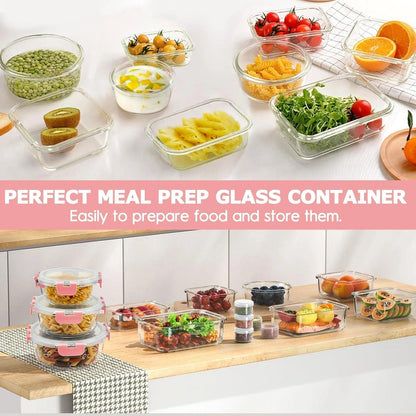 34Pcs Glass Food Storage Containers with Lids Set, Airtight Glass Meal Prep Containers (17 Containers & 17 Lids), Leak Proof Lunch Containers Bpa-Free, Microwave, Freezer, Dishwasher Safe / Pink - Fly It Try It