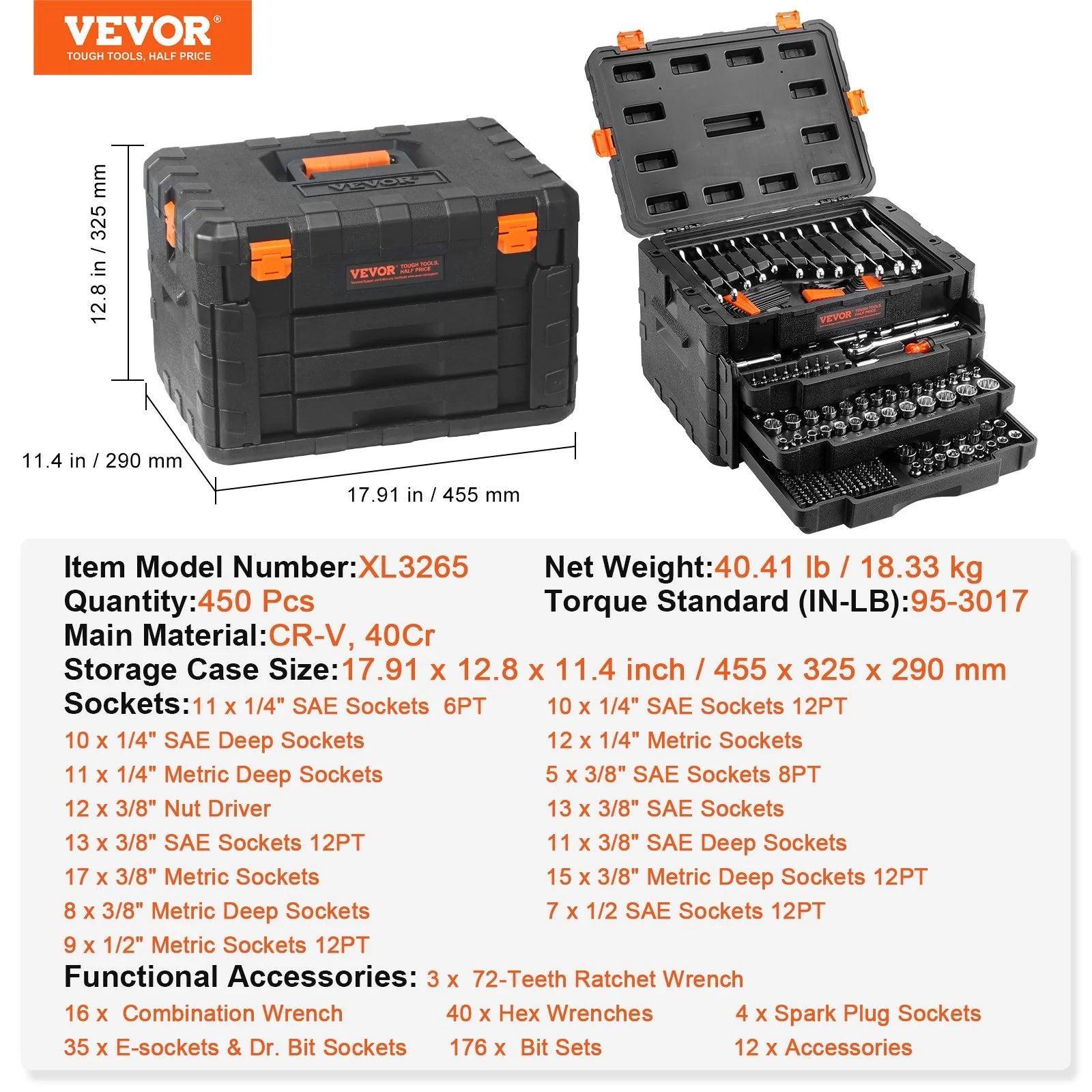 VEVOR Mechanics Tool Set and Socket Set, 1/4 3/8 1/2 Drive Deep and Standard Sockets, 450 Pcs SAE and Metric Mechanic Tool Kit with Bits, Hex Wrenches, Combination Wrench, Accessories, Storage Case - Fly It Try It