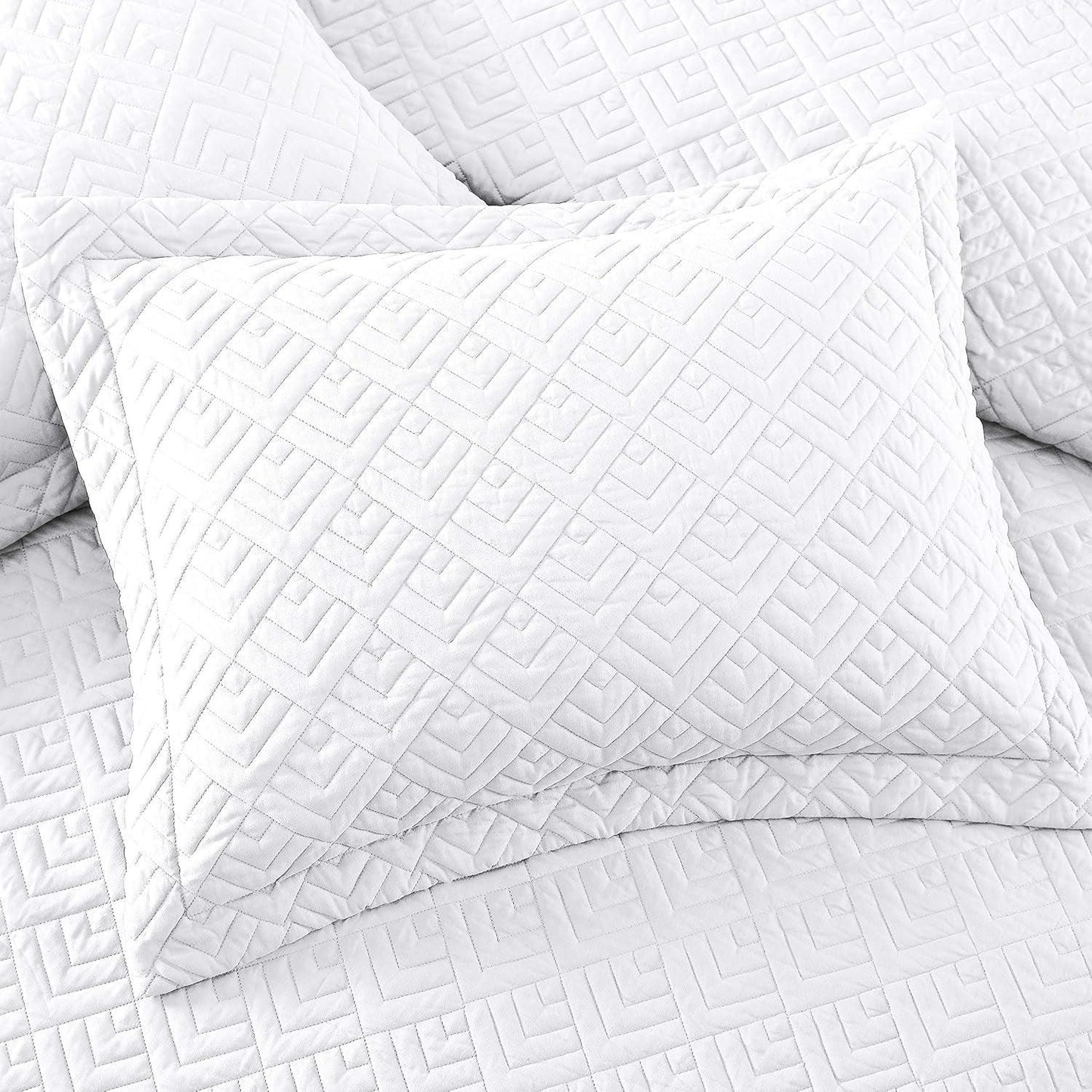 Quilt Set Full/Queen Size White 3 Piece,Lightweight Soft Coverlet Squares Pattern Bedspread Set for All Seasons(1 Quilt,2 Pillow Shams) - Fly It Try It