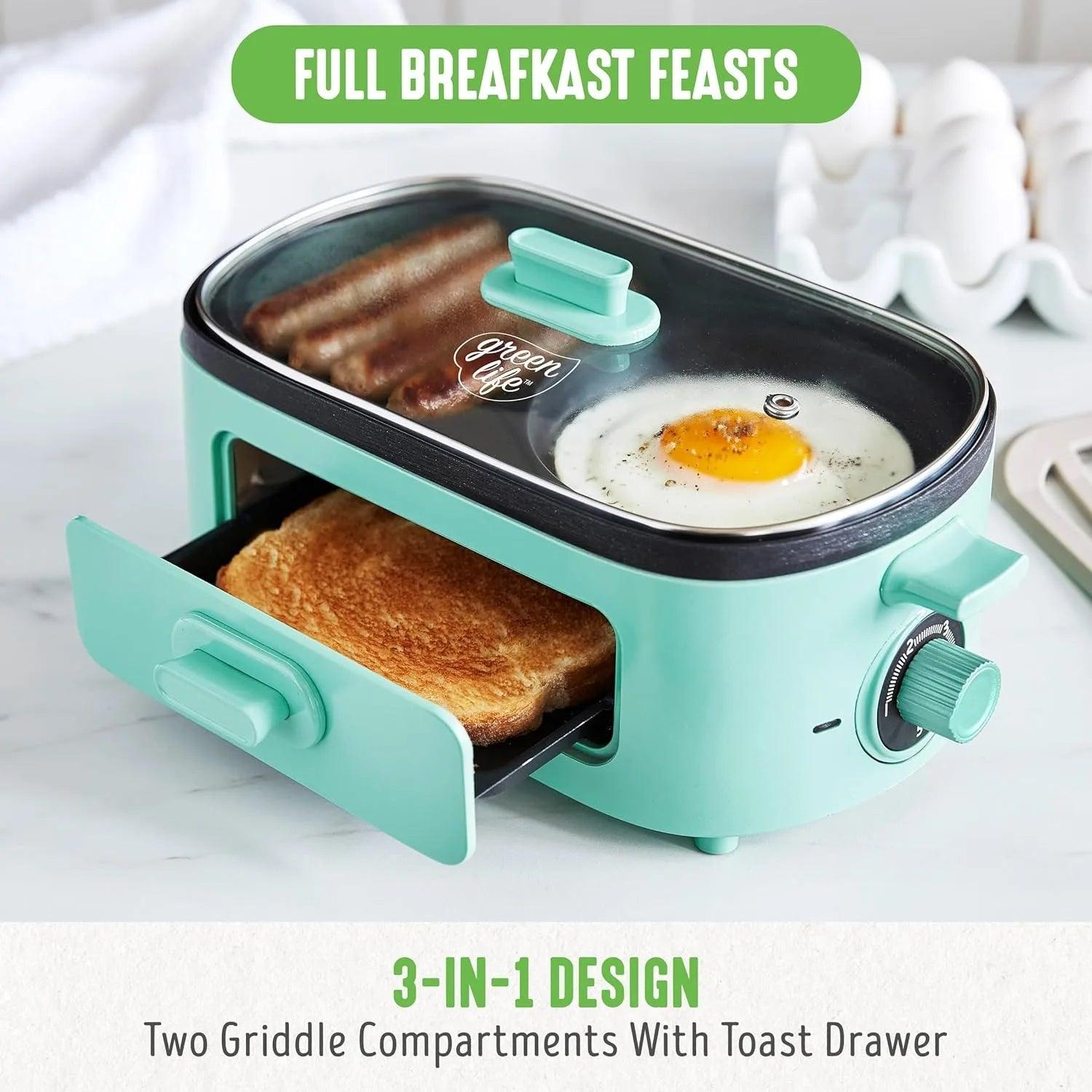 3-In-1 Breakfast Maker Station, Ceramic Nonstick Dual Griddles & Breakfast Sandwiches, 2 Slice Toast Drawer, Turquoise - Fly It Try It