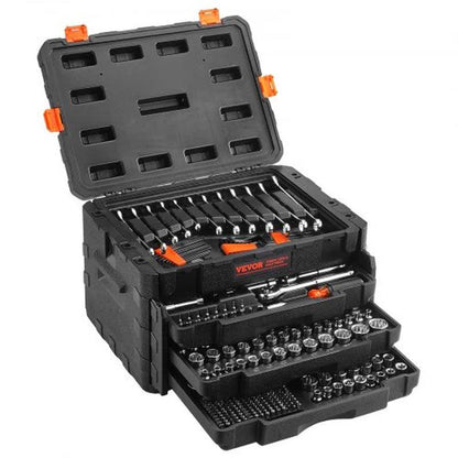 VEVOR Mechanics Tool Set and Socket Set, 1/4 3/8 1/2 Drive Deep and Standard Sockets, 450 Pcs SAE and Metric Mechanic Tool Kit with Bits, Hex Wrenches, Combination Wrench, Accessories, Storage Case - Fly It Try It