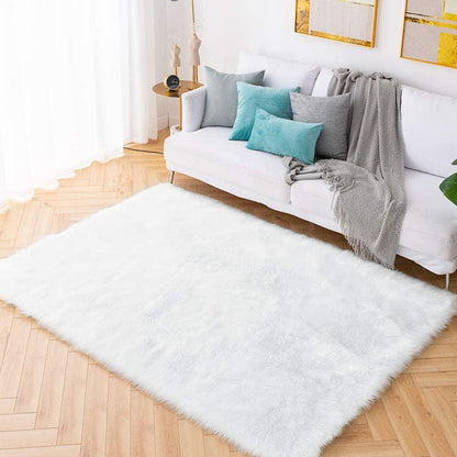 6X9 Shaggy Faux Sheepskin Area Rug – Soft, Luxury White Fur Floor Mat, Bedside Carpet for Bedroom & Living Room - Fly It Try It