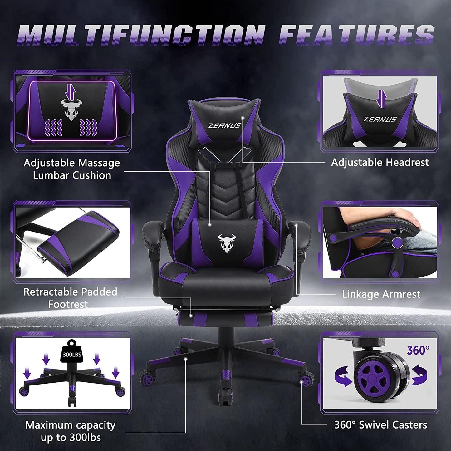 Purple Gaming Chair Reclining Computer Chair with Footrest High Back Gamer Chair with Massage Large Computer Gaming Chair Racing Style Chair for Gaming Big and Tall Gaming Chairs for Adult - Fly It Try It