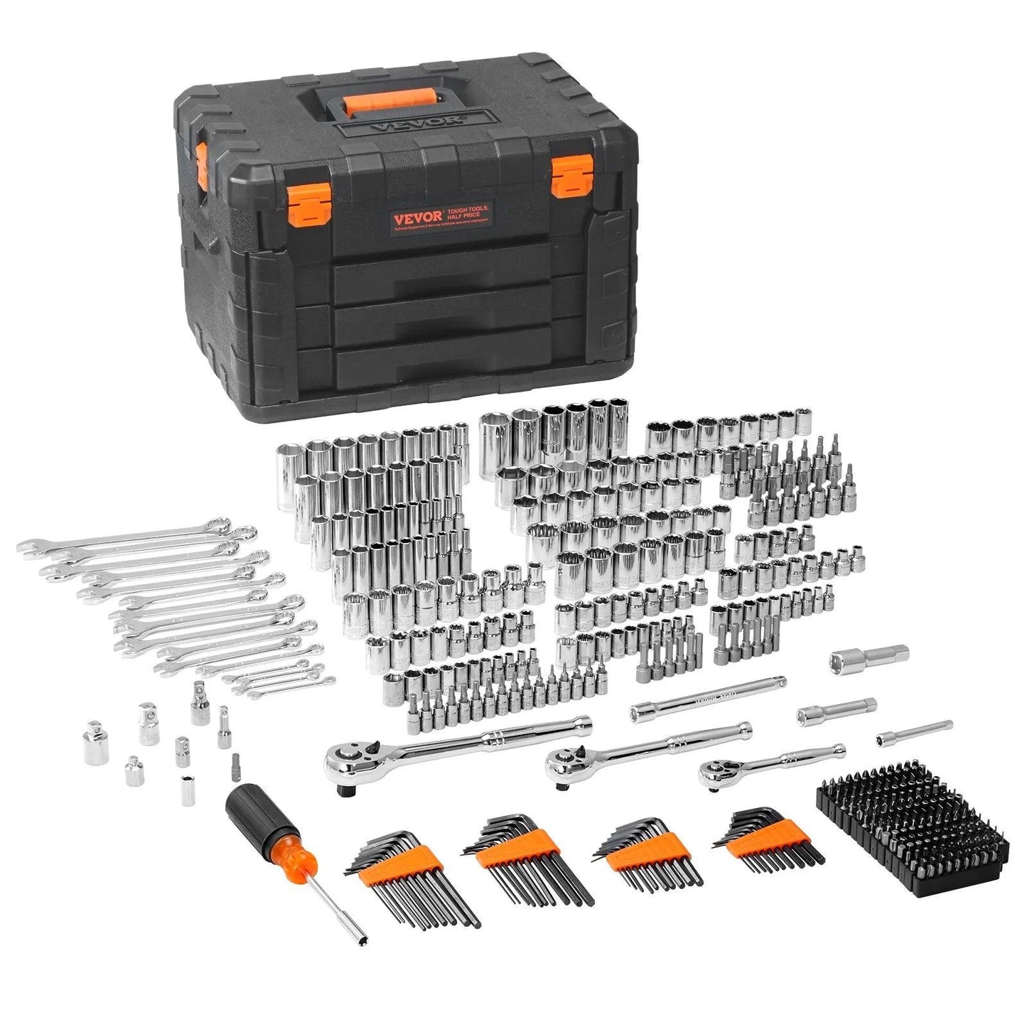 VEVOR Mechanics Tool Set and Socket Set, 1/4 3/8 1/2 Drive Deep and Standard Sockets, 450 Pcs SAE and Metric Mechanic Tool Kit with Bits, Hex Wrenches, Combination Wrench, Accessories, Storage Case - Fly It Try It