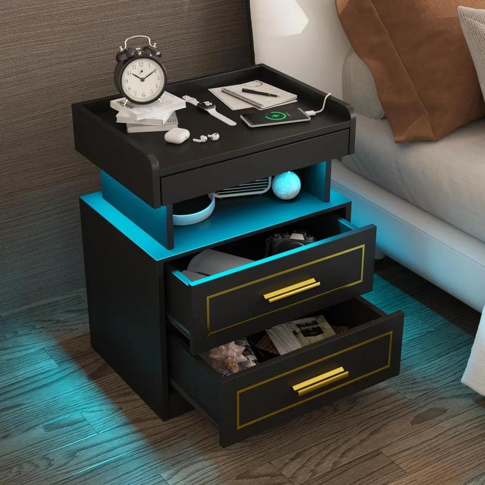 Modern Bedside Table with 2 Drawers Drawer Bedside Table with Charging Station and LED Light Bedroom Furniture Pull-Out Shelves - Fly It Try It