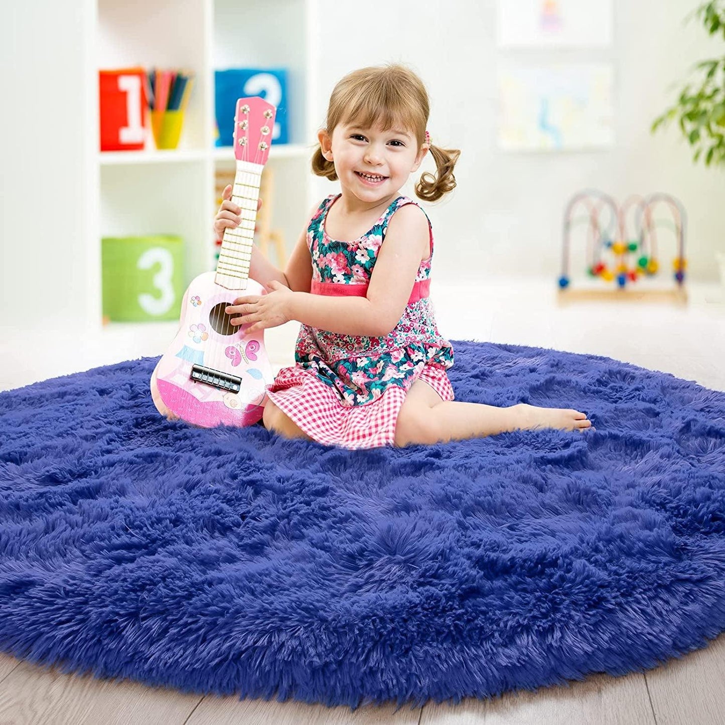 round Rug 5X5 Feet Fluffy Soft Area Rugs for Kids Girls Room Princess Castle Plush Shaggy Carpet Cute Circle Nursery Rug for Kids Girls Bedroom Baby Room Home Decor Circular Carpet, Navy Blue - Fly It Try It