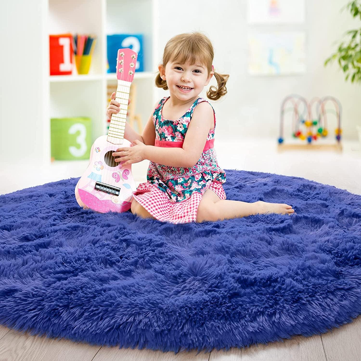 round Rug 5X5 Feet Fluffy Soft Area Rugs for Kids Girls Room Princess Castle Plush Shaggy Carpet Cute Circle Nursery Rug for Kids Girls Bedroom Baby Room Home Decor Circular Carpet, Navy Blue - Fly It Try It