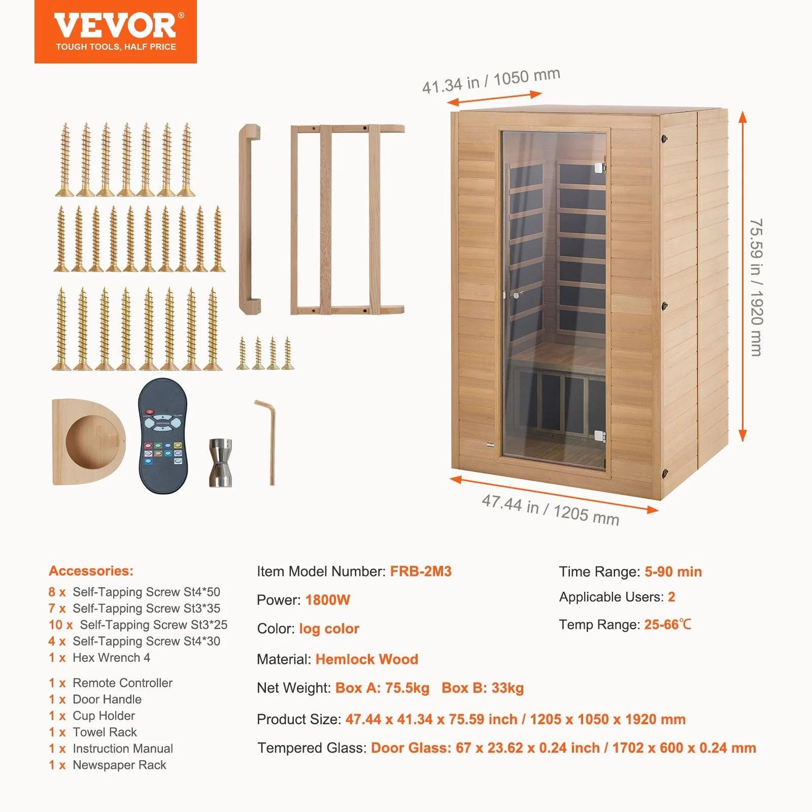 VEVOR Far Infrared Wooden Sauna, Room Home Sauna Spa for 2 Person 1800W - Fly It Try It