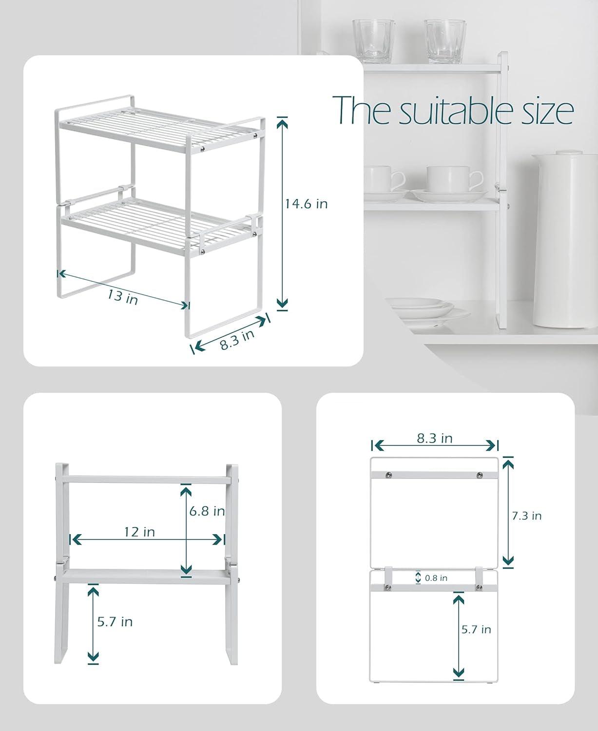 2 Pack Kitchen Cabinet Shelf Counter Organizer Rack Pantry Storage Bathroom Bedroom Office Table Desk Space Saving Steel Frame Stackable Rust Resistant Non Slip White - Fly It Try It