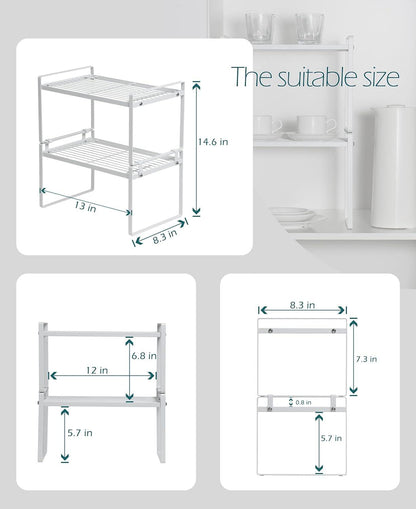 2 Pack Kitchen Cabinet Shelf Counter Organizer Rack Pantry Storage Bathroom Bedroom Office Table Desk Space Saving Steel Frame Stackable Rust Resistant Non Slip White - Fly It Try It