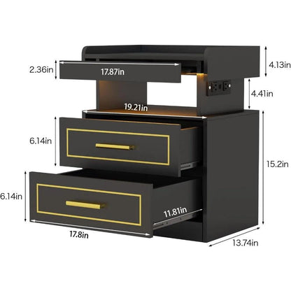 Modern Bedside Table with 2 Drawers Drawer Bedside Table with Charging Station and LED Light Bedroom Furniture Pull-Out Shelves - Fly It Try It