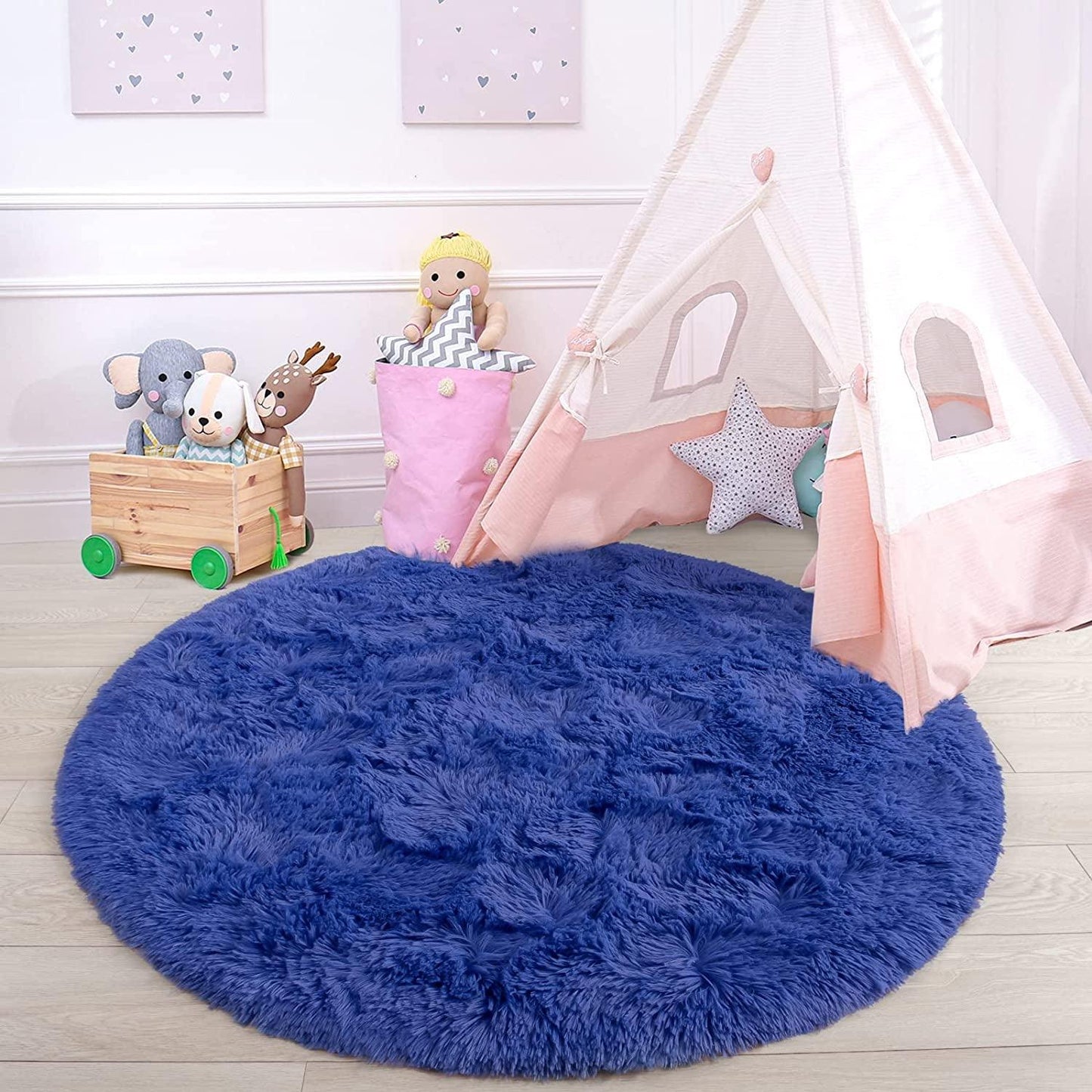 round Rug 5X5 Feet Fluffy Soft Area Rugs for Kids Girls Room Princess Castle Plush Shaggy Carpet Cute Circle Nursery Rug for Kids Girls Bedroom Baby Room Home Decor Circular Carpet, Navy Blue - Fly It Try It