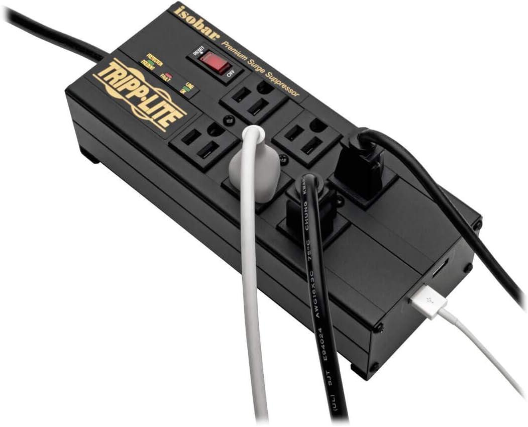 Isobar 6 Outlet Surge Protector Power Strip with 2 USB Charging Ports,10Ft Long Cord,Right-Angle Plug, Metal, 3840 Joules,Lifetime Limited Warranty & $50K Insurance (Ibar6Ultrausbb)Black - Fly It Try It