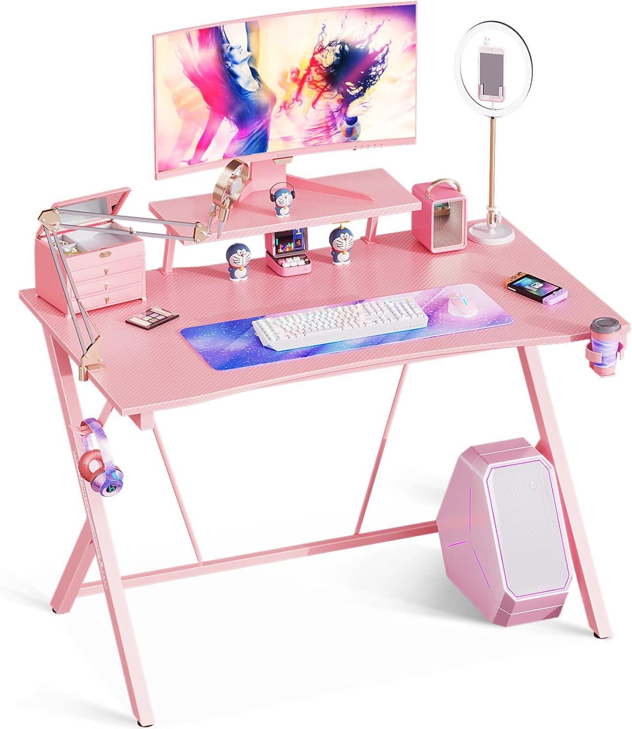 Pink Gaming Desk 40Inch with Monitor Shelf Computer Desk Gaming Table Desk for Girls with Cup Holder and Headphone Hook Gamer Workstation Game Table, Gift for Girls Women - Fly It Try It