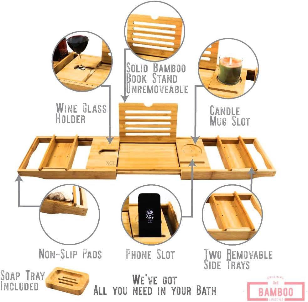 Bathtub Caddy Tray Expandable to 105Cm with Bamboo Book Stand and Soap Tray, Natural - Fly It Try It