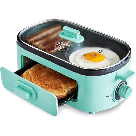 3-In-1 Breakfast Maker Station, Ceramic Nonstick Dual Griddles & Breakfast Sandwiches, 2 Slice Toast Drawer, Turquoise - Fly It Try It