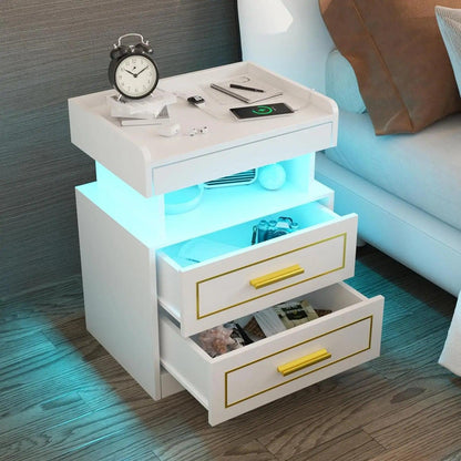 Modern Bedside Table with 2 Drawers Drawer Bedside Table with Charging Station and LED Light Bedroom Furniture Pull-Out Shelves - Fly It Try It