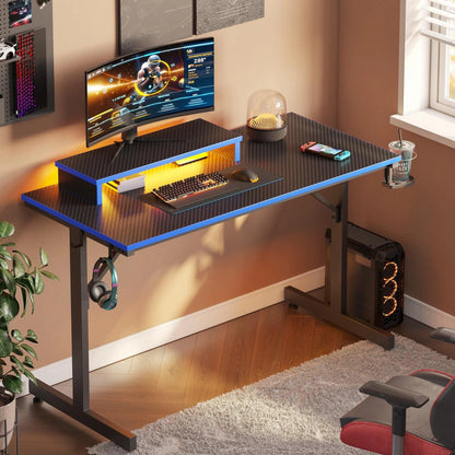 42" Gaming Desk PC Computer Table with LED Lights & Monitor Stand & Hook & Cup Holder in Blue - Fly It Try It