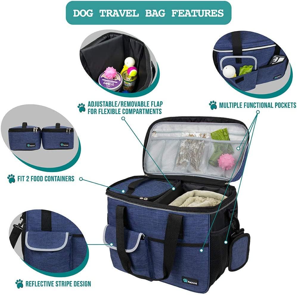 Dog Travel Bag, Travel Pet Bag Organizer, Dog Food Travel Bag with Food Container and Bowls, Dog Travel Supplies Gift Accessories for Weekend Camping, Dog Cat Diaper Bag (Navy, Medium) - Fly It Try It