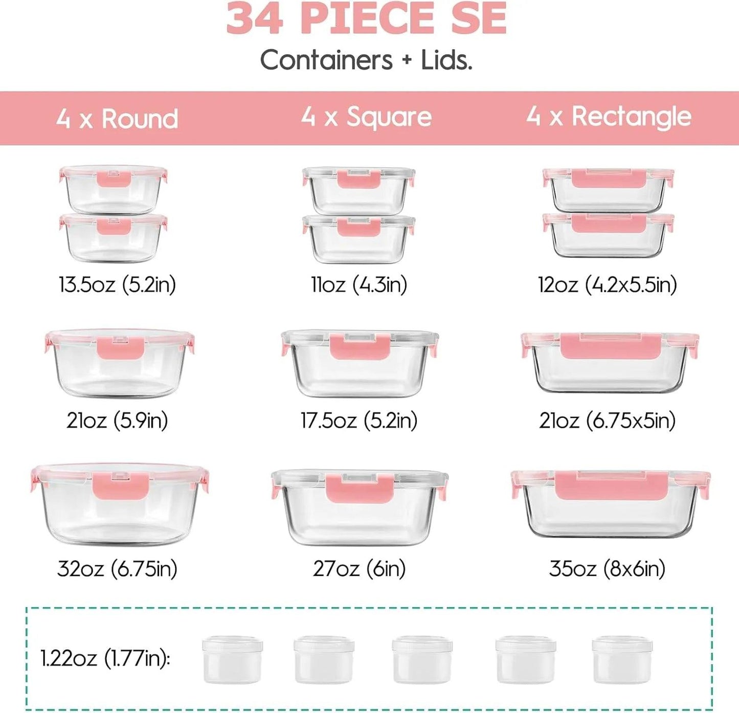 34Pcs Glass Food Storage Containers with Lids Set, Airtight Glass Meal Prep Containers (17 Containers & 17 Lids), Leak Proof Lunch Containers Bpa-Free, Microwave, Freezer, Dishwasher Safe / Pink - Fly It Try It