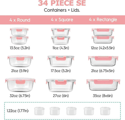 34Pcs Glass Food Storage Containers with Lids Set, Airtight Glass Meal Prep Containers (17 Containers & 17 Lids), Leak Proof Lunch Containers Bpa-Free, Microwave, Freezer, Dishwasher Safe / Pink - Fly It Try It