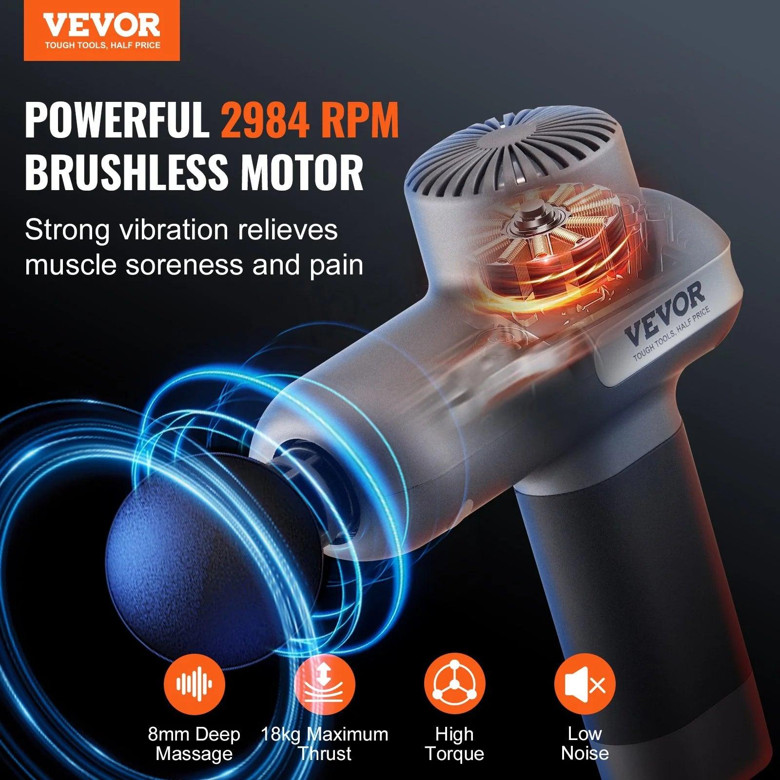 VEVOR Massage Gun Deep Tissue, Percussion Muscle Massager for Athletes - with 5 Speed Levels & 6 Massage Heads, 7.4V 2500Mah Batteries, Handheld Electric Massage Gun for Pain Relief, Muscle Relaxation - Fly It Try It