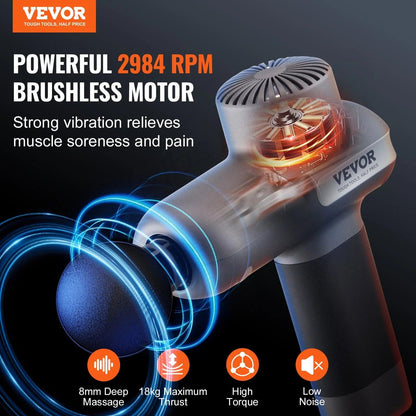 VEVOR Massage Gun Deep Tissue, Percussion Muscle Massager for Athletes - with 5 Speed Levels & 6 Massage Heads, 7.4V 2500Mah Batteries, Handheld Electric Massage Gun for Pain Relief, Muscle Relaxation - Fly It Try It