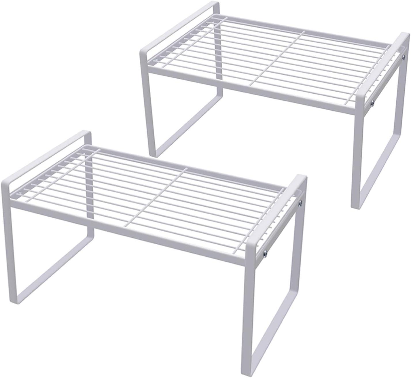 2 Pack Kitchen Cabinet Shelf Counter Organizer Rack Pantry Storage Bathroom Bedroom Office Table Desk Space Saving Steel Frame Stackable Rust Resistant Non Slip White - Fly It Try It