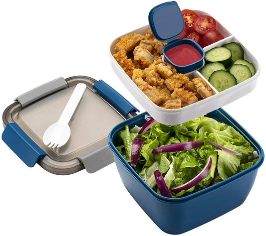 Salad Lunch Container to Go, 52-Oz Salad Bowls with 3 Compartments, Salad Dressings Container for Salad Toppings, Snacks, Men, Women (Blue) - Fly It Try It