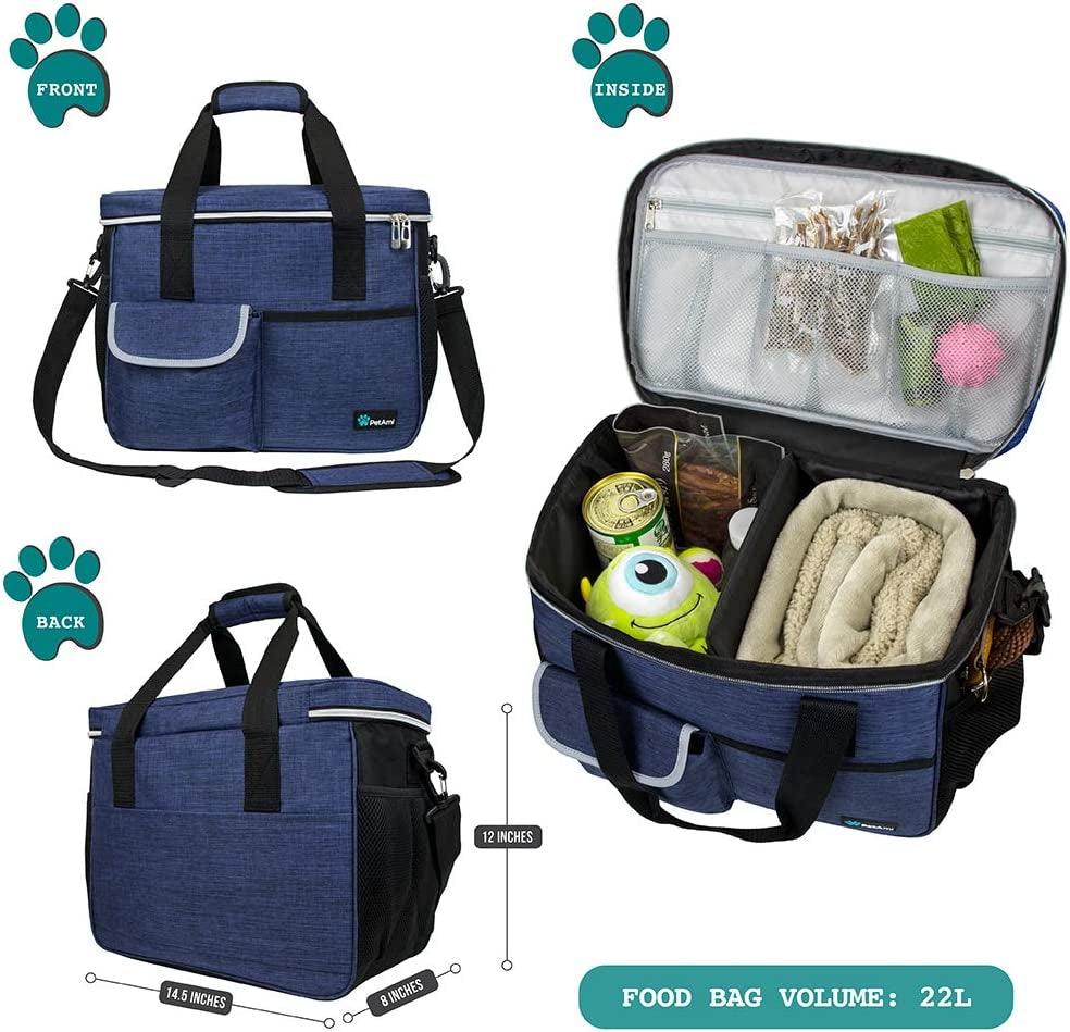 Dog Travel Bag, Travel Pet Bag Organizer, Dog Food Travel Bag with Food Container and Bowls, Dog Travel Supplies Gift Accessories for Weekend Camping, Dog Cat Diaper Bag (Navy, Medium) - Fly It Try It