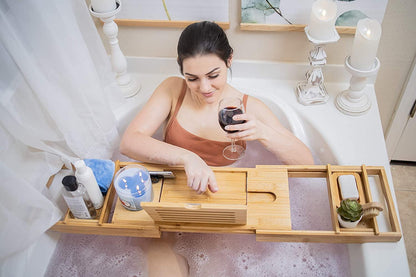 Bathtub Caddy Tray Expandable to 105Cm with Bamboo Book Stand and Soap Tray, Natural - Fly It Try It