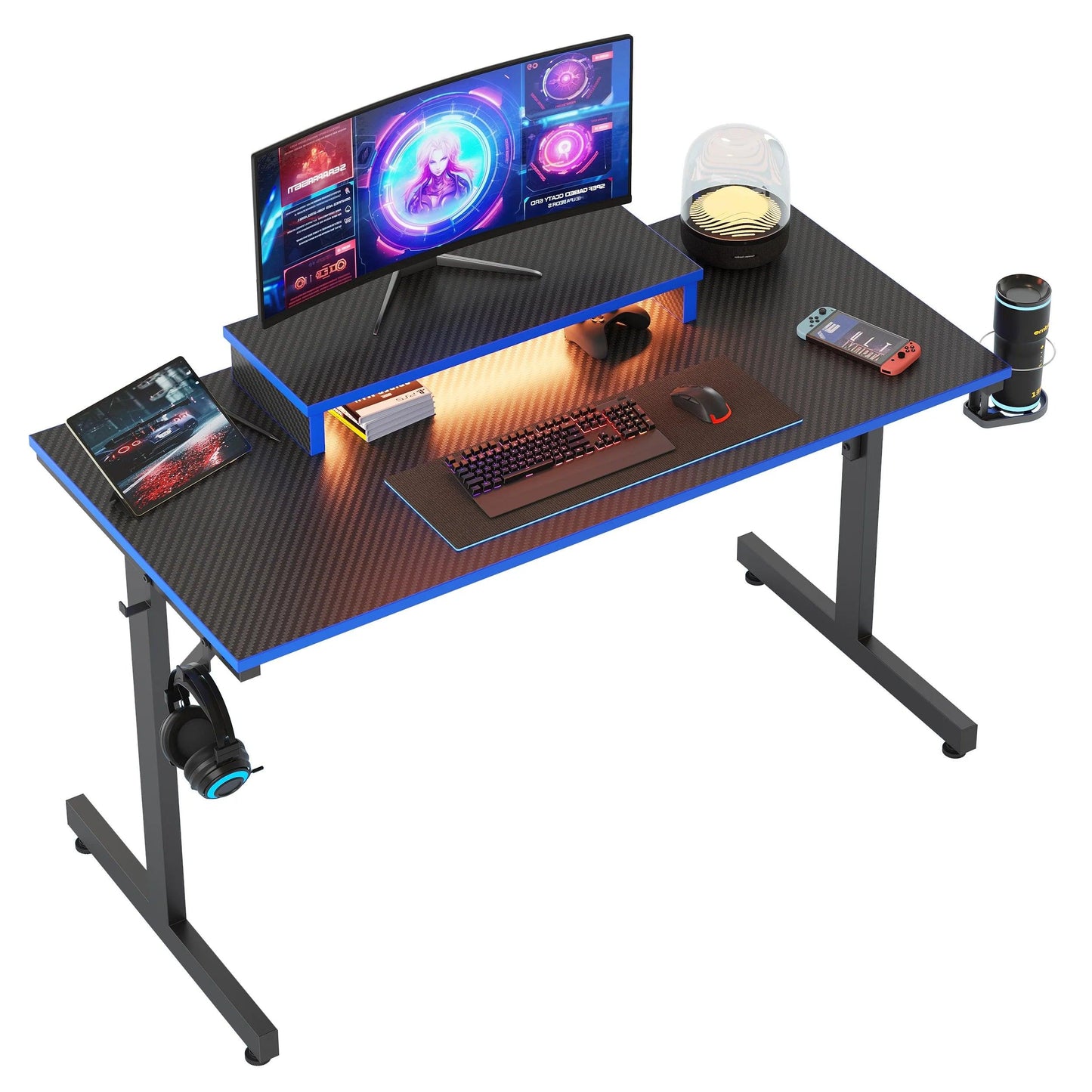 42" Gaming Desk PC Computer Table with LED Lights & Monitor Stand & Hook & Cup Holder in Blue - Fly It Try It