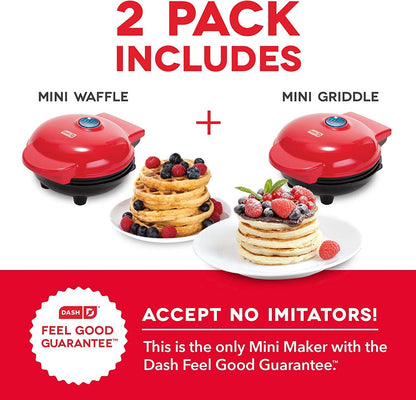 Mini Maker Waffle Maker + Griddle, 2-Pack Griddle + Waffle Iron - Red - Fly It Try It