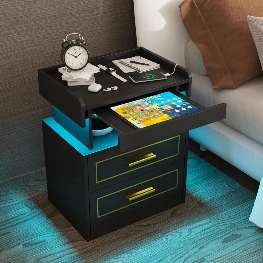 Modern Bedside Table with 2 Drawers Drawer Bedside Table with Charging Station and LED Light Bedroom Furniture Pull-Out Shelves - Fly It Try It