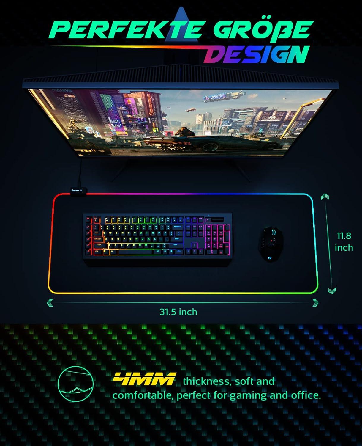 RGB Gaming Mouse Pad, Large Extended Soft Led Mouse Pad with 14 Lighting Modes 2 Brightness Levels, Computer Keyboard Mousepads Mat 800 X 300Mm / 31.5×11.8 Inches - Fly It Try It