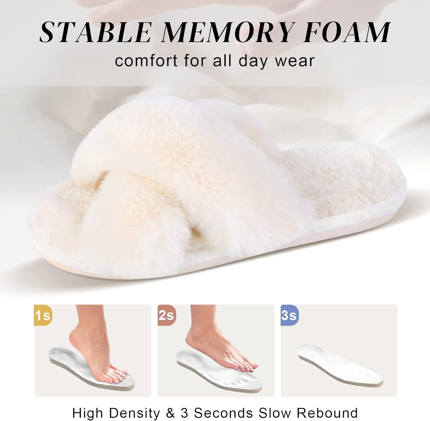 Women'S Fuzzy Slippers Comfy Cross Band House Shoes Memory Foam Open Toe Indoor Gifts for Ladies - Fly It Try It