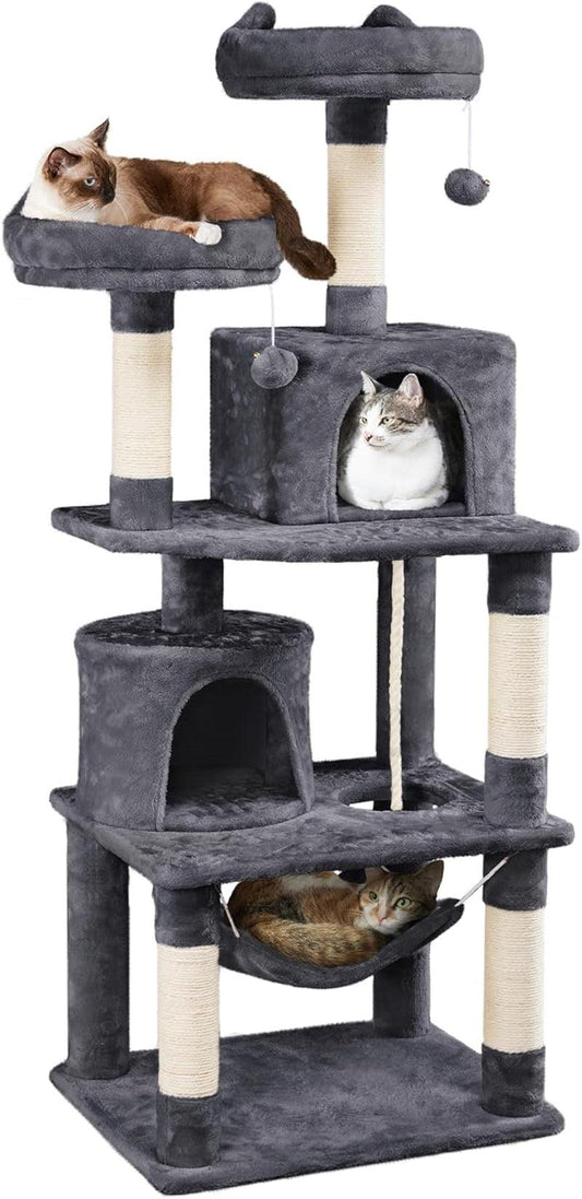 62.2Inches Cat Tree Cat Tower Cat Condo with Platform & Hammock, Scratching Posts for Kittens Pet Play House with Plush Perch for Indoor Activity Relaxing - Fly It Try It