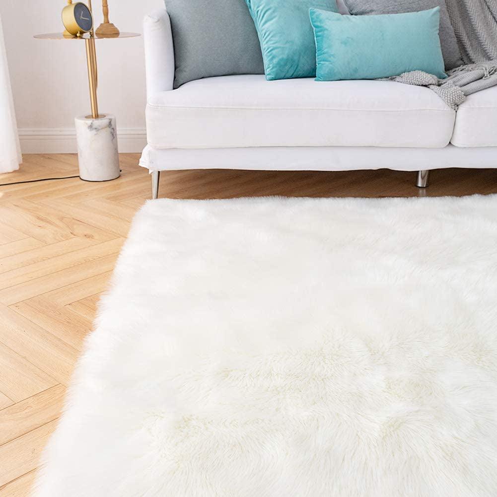 6X9 Shaggy Faux Sheepskin Area Rug – Soft, Luxury White Fur Floor Mat, Bedside Carpet for Bedroom & Living Room - Fly It Try It