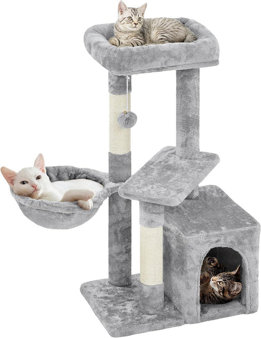 Cat Tree 34In Cat Tower Plush Cover with Condo, Platform & Basket for Indoor Kittens, Cat Furniture Activity Tree - Fly It Try It