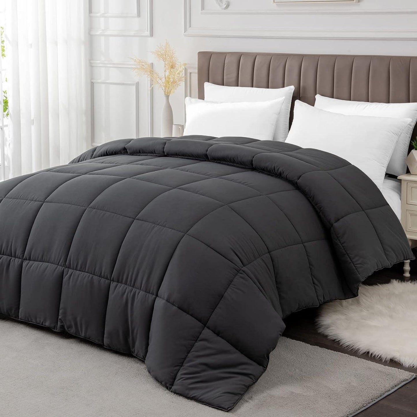 California King Comforter Duvet Insert - All Season Dark Grey Comforters Cal King - Quilted down Alternative Bedding Comforter with Corner Tabs - Winter Summer Fluffy Soft - Machine Washable - Fly It Try It