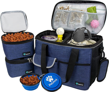 Dog Travel Bag, Travel Pet Bag Organizer, Dog Food Travel Bag with Food Container and Bowls, Dog Travel Supplies Gift Accessories for Weekend Camping, Dog Cat Diaper Bag (Navy, Medium) - Fly It Try It