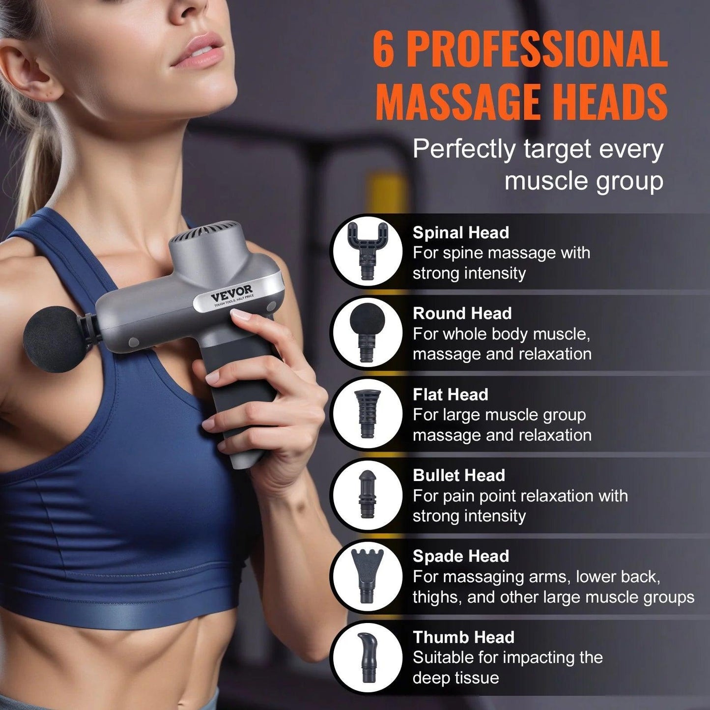 VEVOR Massage Gun Deep Tissue, Percussion Muscle Massager for Athletes - with 5 Speed Levels & 6 Massage Heads, 7.4V 2500Mah Batteries, Handheld Electric Massage Gun for Pain Relief, Muscle Relaxation - Fly It Try It