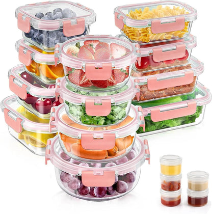 34Pcs Glass Food Storage Containers with Lids Set, Airtight Glass Meal Prep Containers (17 Containers & 17 Lids), Leak Proof Lunch Containers Bpa-Free, Microwave, Freezer, Dishwasher Safe / Pink - Fly It Try It