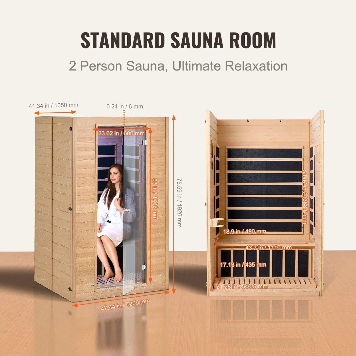 VEVOR Far Infrared Wooden Sauna, Room Home Sauna Spa for 2 Person 1800W - Fly It Try It